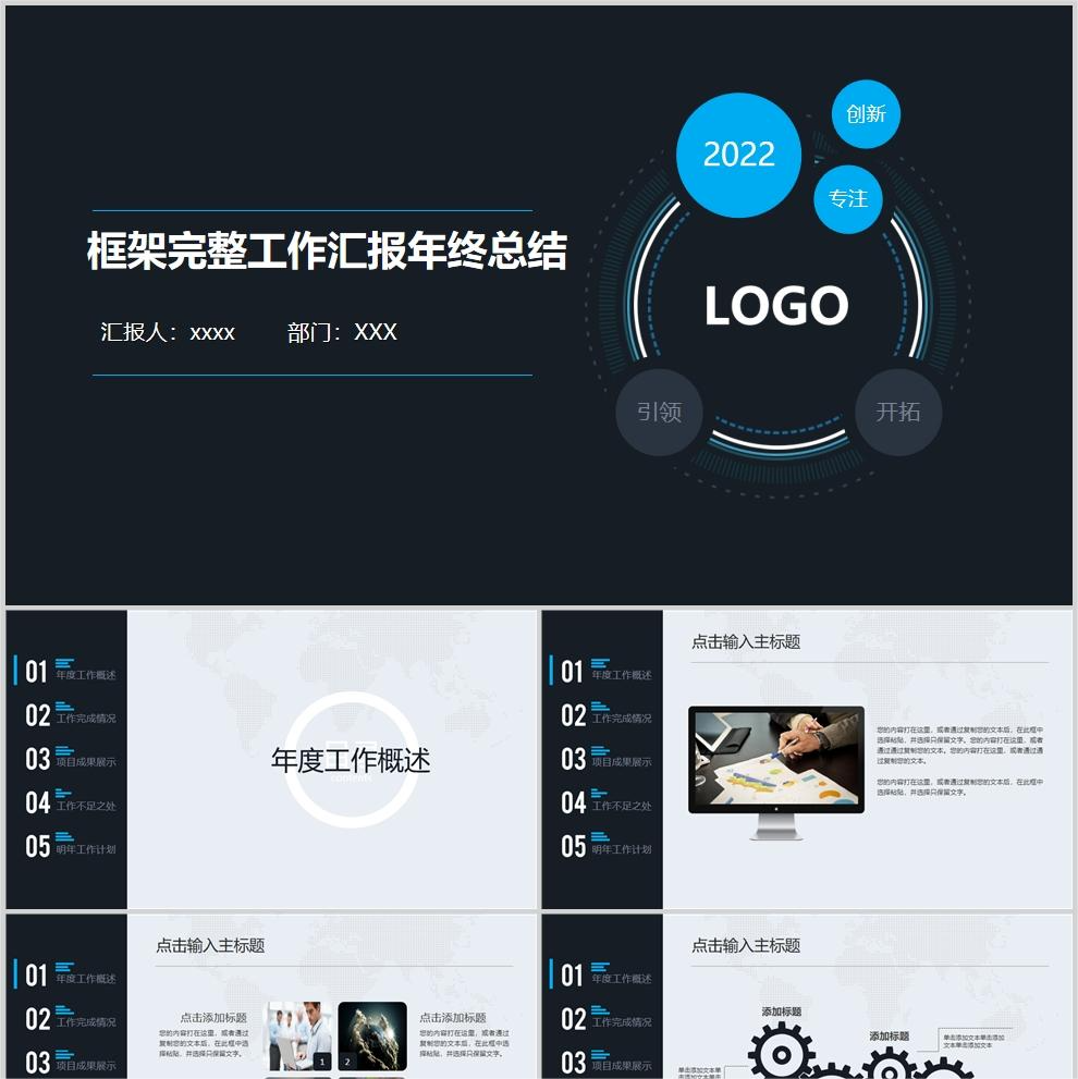 【免费】深色框架完整工作汇报年终总结PPT模板